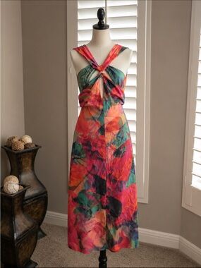 Tropical Multicolor Maxi Dress with Twist Front